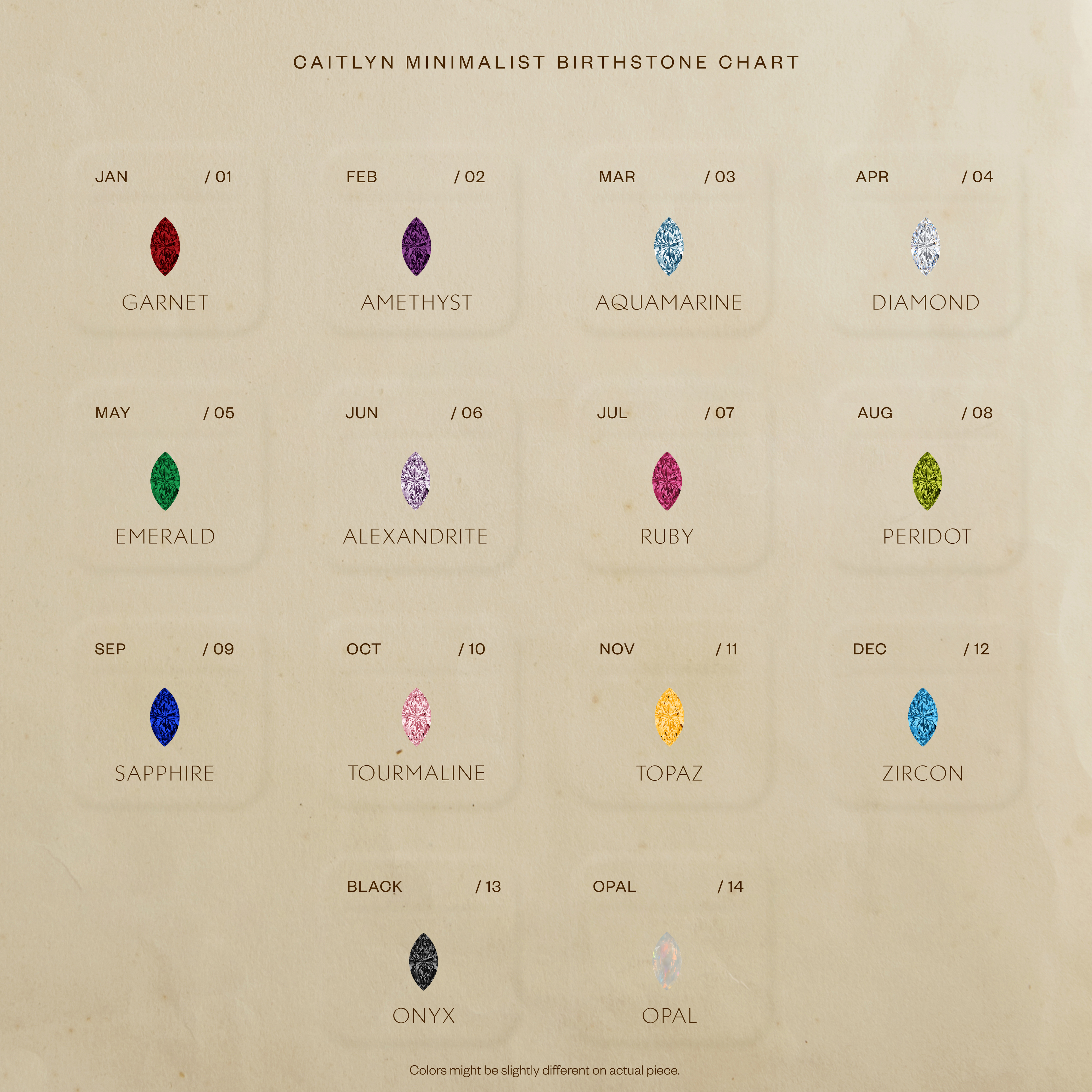 A minimalist birthstone chart with vibrant gems on beige inspires personalized jewelry, such as the Multiple Marquise Birthstone Bracelet in Rose Gold—perfect for celebrating every month’s unique stone.