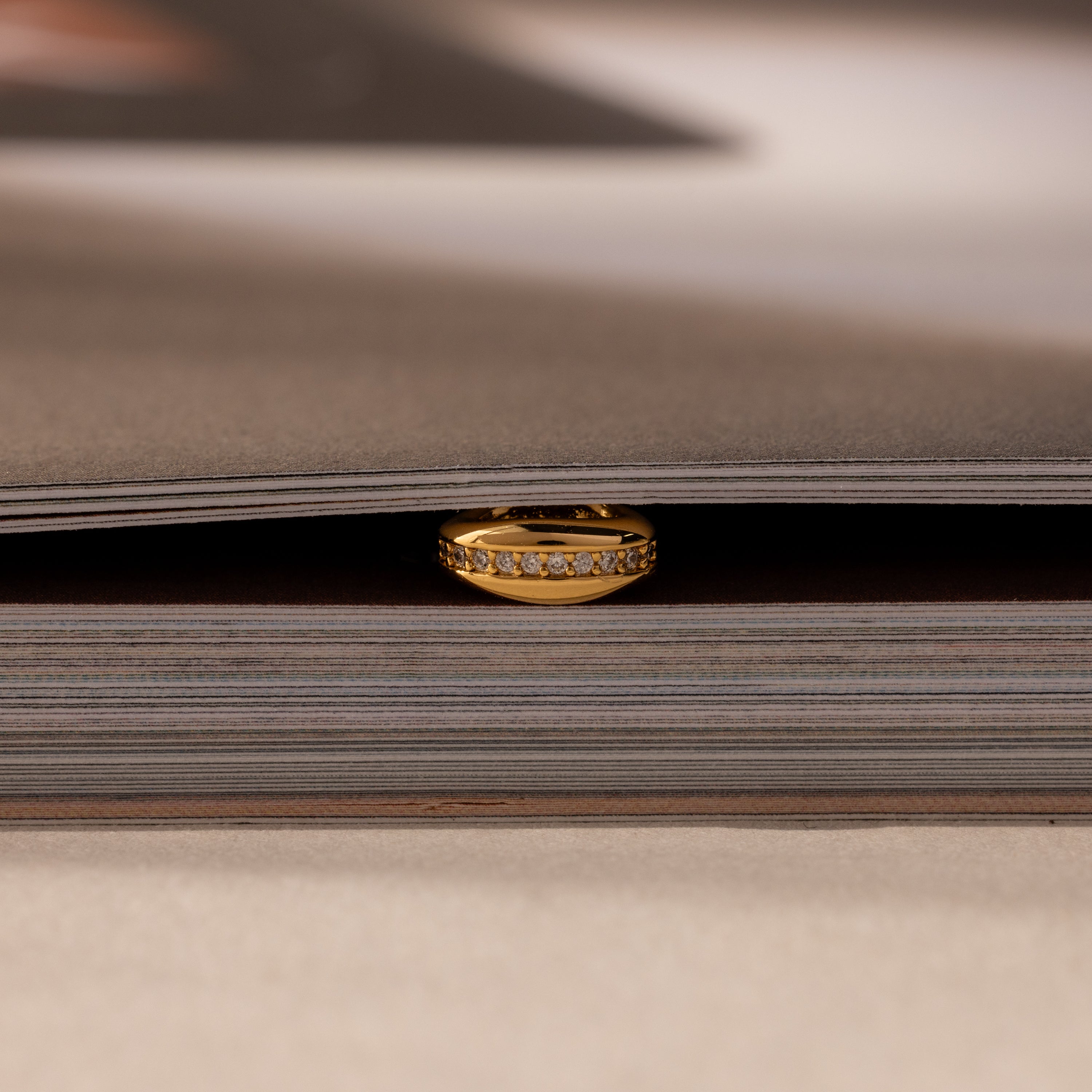 The Pave Dome Charm in 18K Gold adds sparkle as it rests between the pages of a closed book.