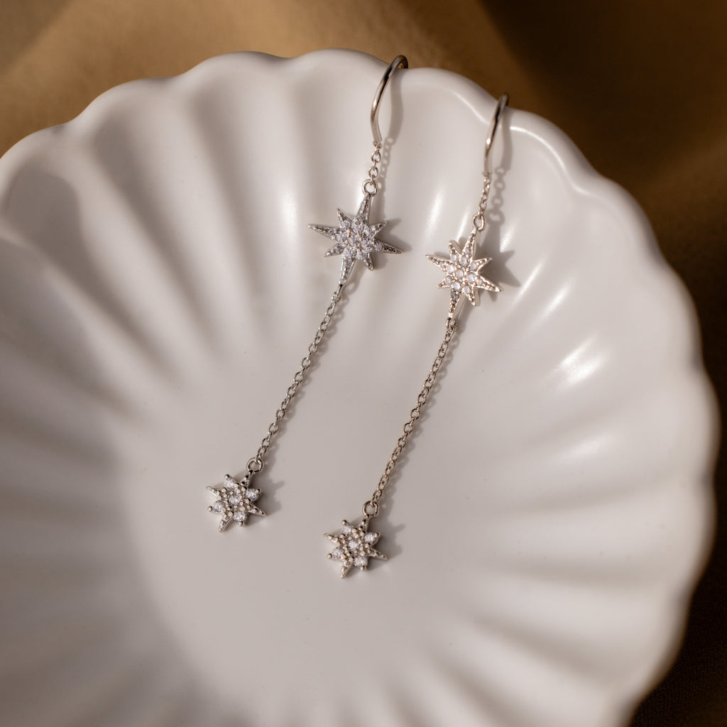 Pave Star Threader Earrings in Silver