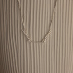 Necklace with 'Ashley' and 'Lillian' name charms in cursive on a textured brown background