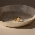 The Moonstone Signet Ring, featuring a round, light moonstone, rests in a cream ceramic dish—a refined and elegant accessory for daily wear.