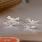 Silver earrings with 'Melanie' and Brittany in a cut out cursive style on a neutral background