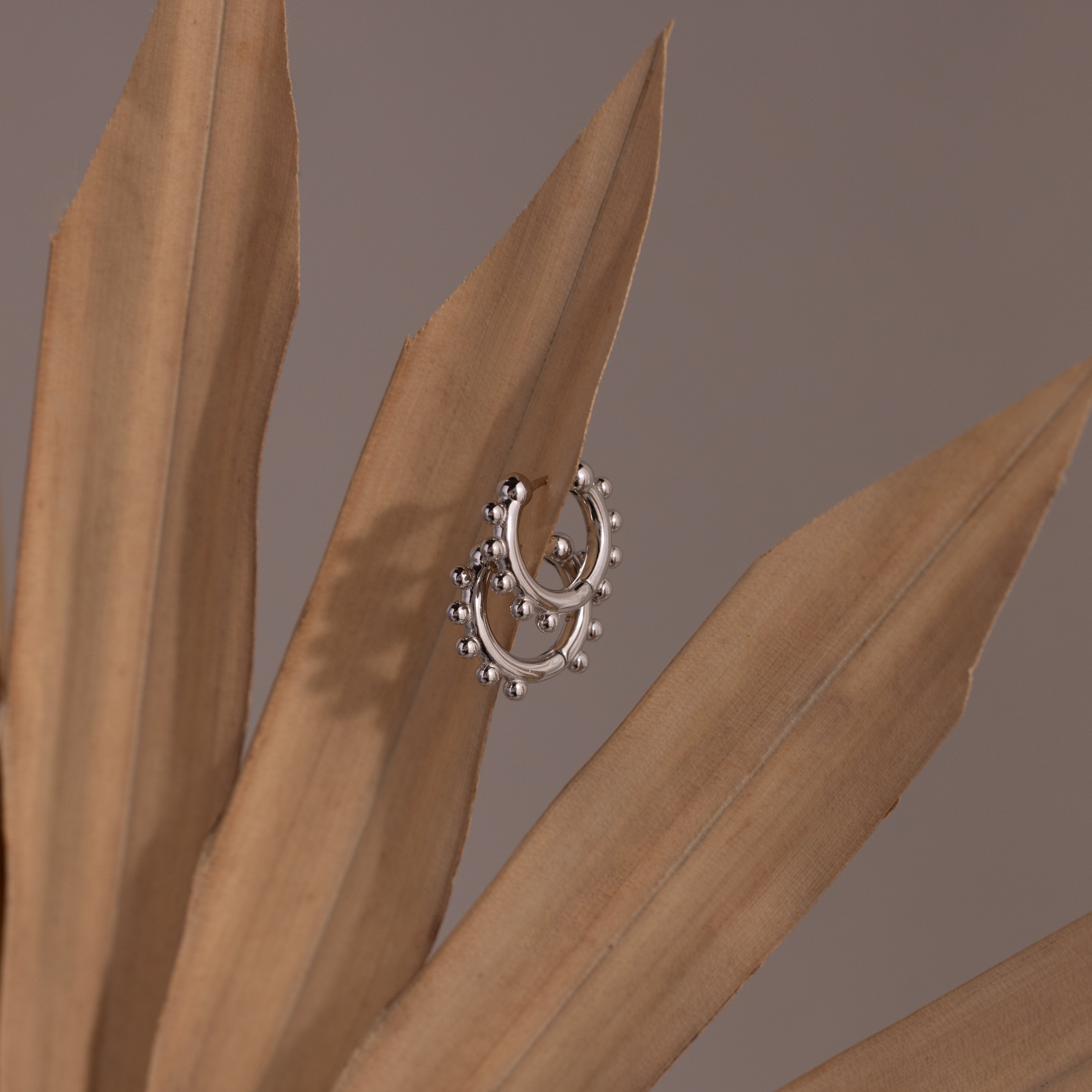 Beaded Hoops in Sterling Silver with small beads hang delicately on dried brown leaves, their textured shine standing out against a neutral background.