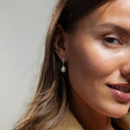 Woman with straight brown hair and smooth skin, smiling softly while wearing Pearl Diamond Drop Earrings in Silver.