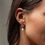 Close-up of a womans ear wearing Aquamarine Pearl Drop Earrings in 18K Gold, exuding vintage glamour with shimmering gemstones and a dangling pearl—an elegant choice for weddings.
