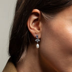 Close-up of a womans ear wearing Aquamarine Pearl Drop Earrings in Silver, with shimmering gemstones and a dangling pearl for vintage glamour.