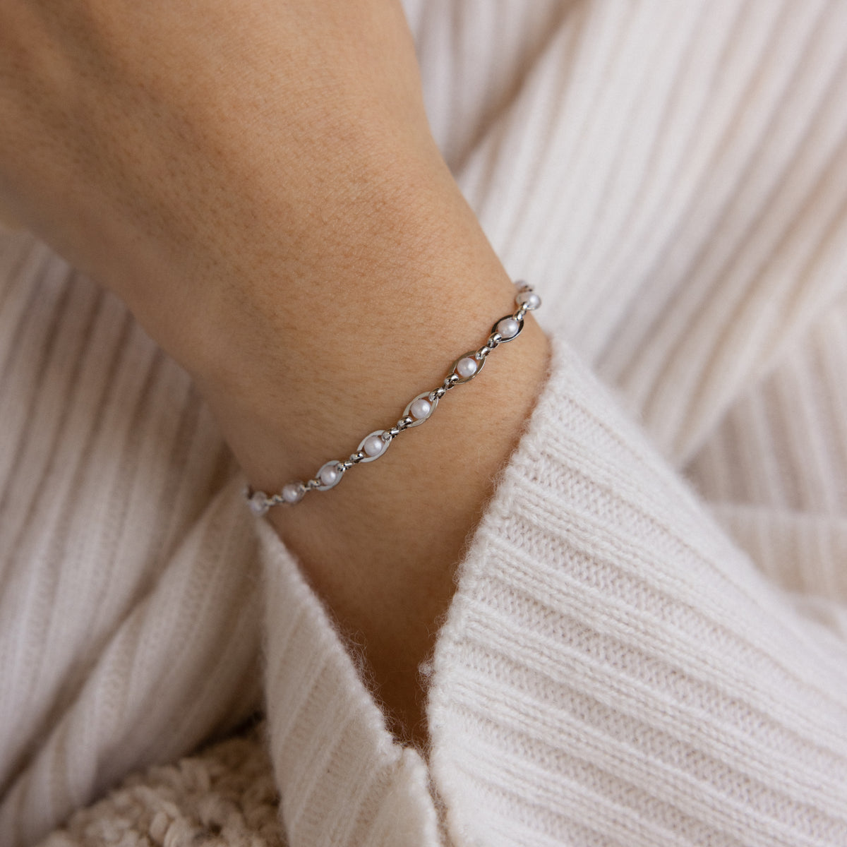Eternity Pearl Necklace & Bracelet Set in Silver