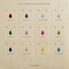 The Teardrop Birthstone Charm chart displays twelve colored gemstones by month in gold bezels on a beige background—an ideal reference for choosing your birthstone charm or gemstone jewelry.