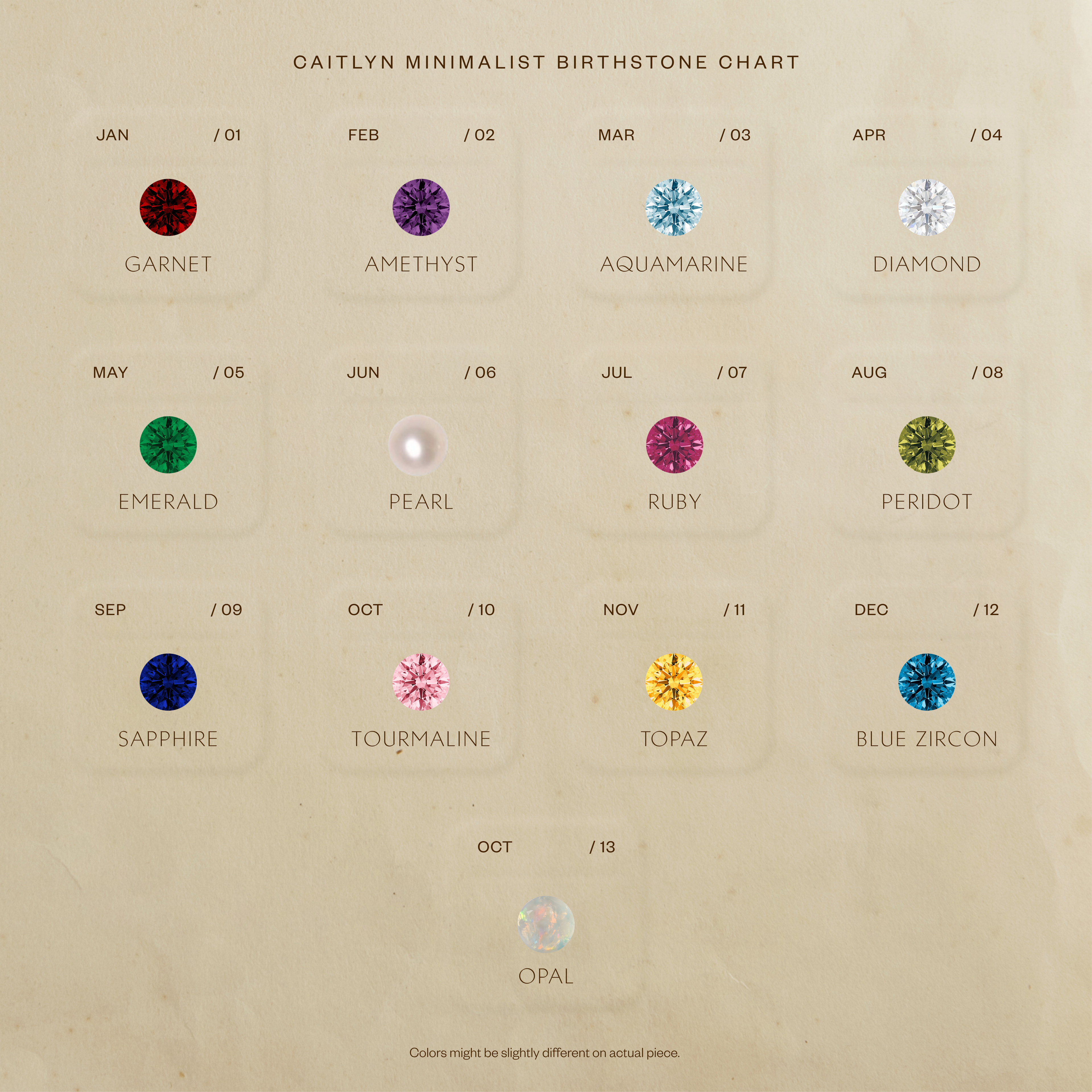 A chart displays each month's birthstone with gemstone colors, names, and Halo Birthstone Studs earrings on a beige background.