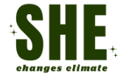 Text 'SHE changes climate' with a green leaf design on a white background