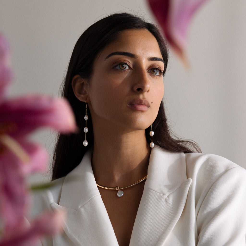 Long Pearl Dangle Earrings in 18K Gold