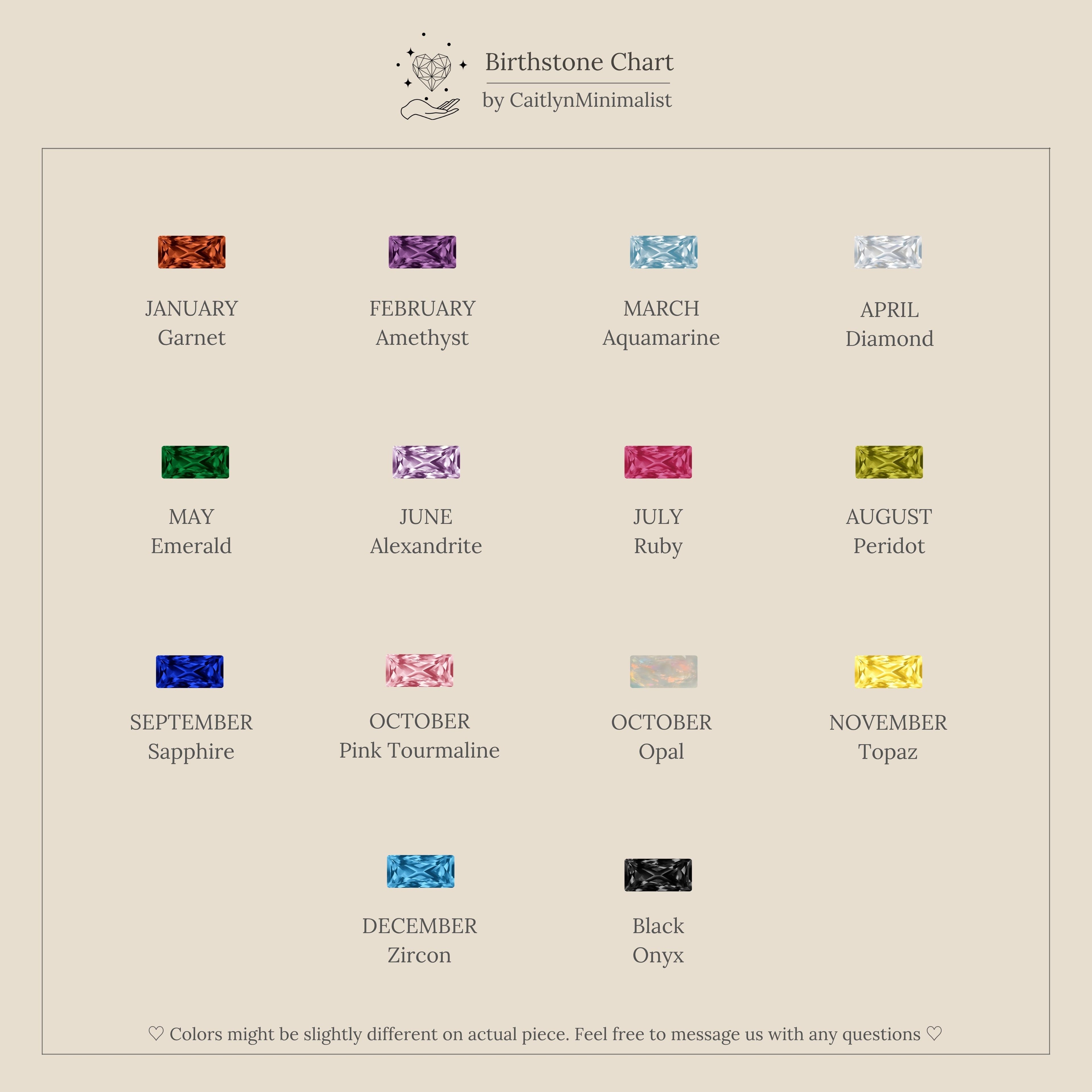 A minimalist chart displays monthly birthstones with gemstone icons and names, perfect for picking a Dainty Ribbed Ruby Ring or pairing it with your favorite stackable pieces.