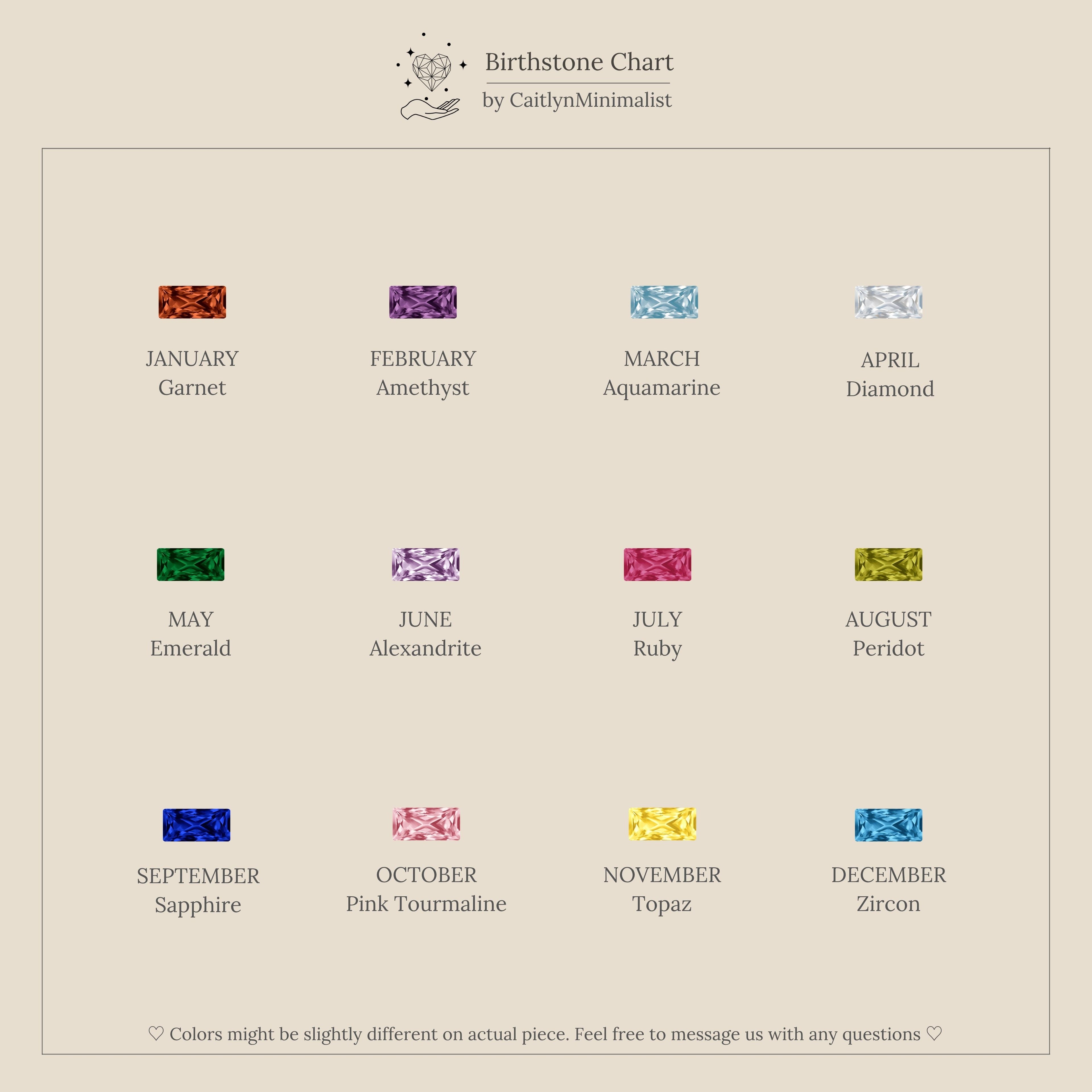 The Staggered Baguette Birthstone Huggies showcase each month's gem in a sleek grid, featuring names and baguette-cut stones for a modern, elegant take on the classic birthstone chart.