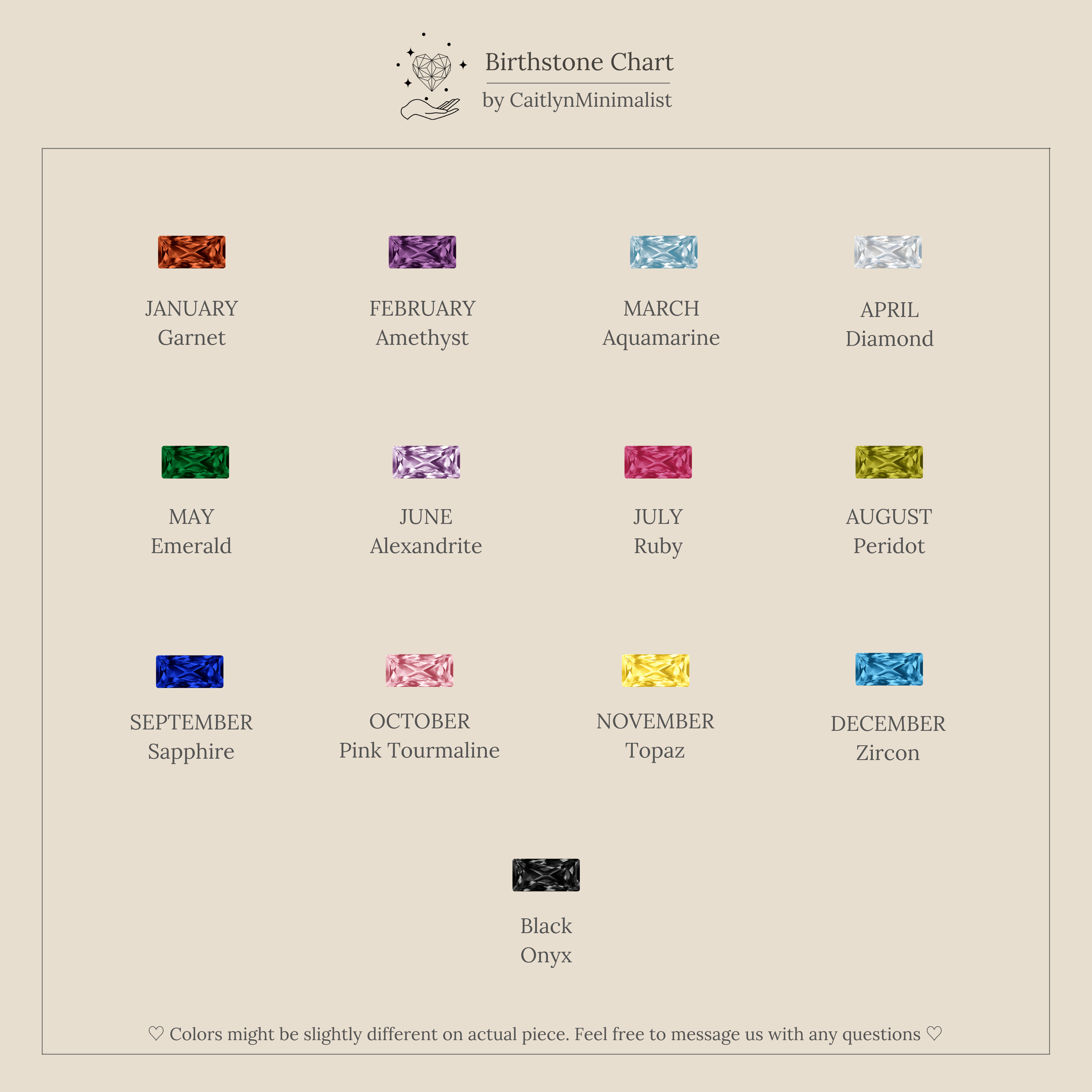 A minimalist birthstone chart displays monthly gems plus black onyx—perfect inspiration for the Mixed Art Deco Birthstone Ring in Rose Gold or a personalized birthstone ring.