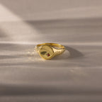 The North Star Birthstone Signet Ring in garnet, a symbolic gold piece for January birthdays, rests on a soft beige surface.
