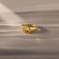 The North Star Birthstone Signet Ring, featuring an onyx center stone, is a symbolic gold ring displayed elegantly on a light, textured surface.