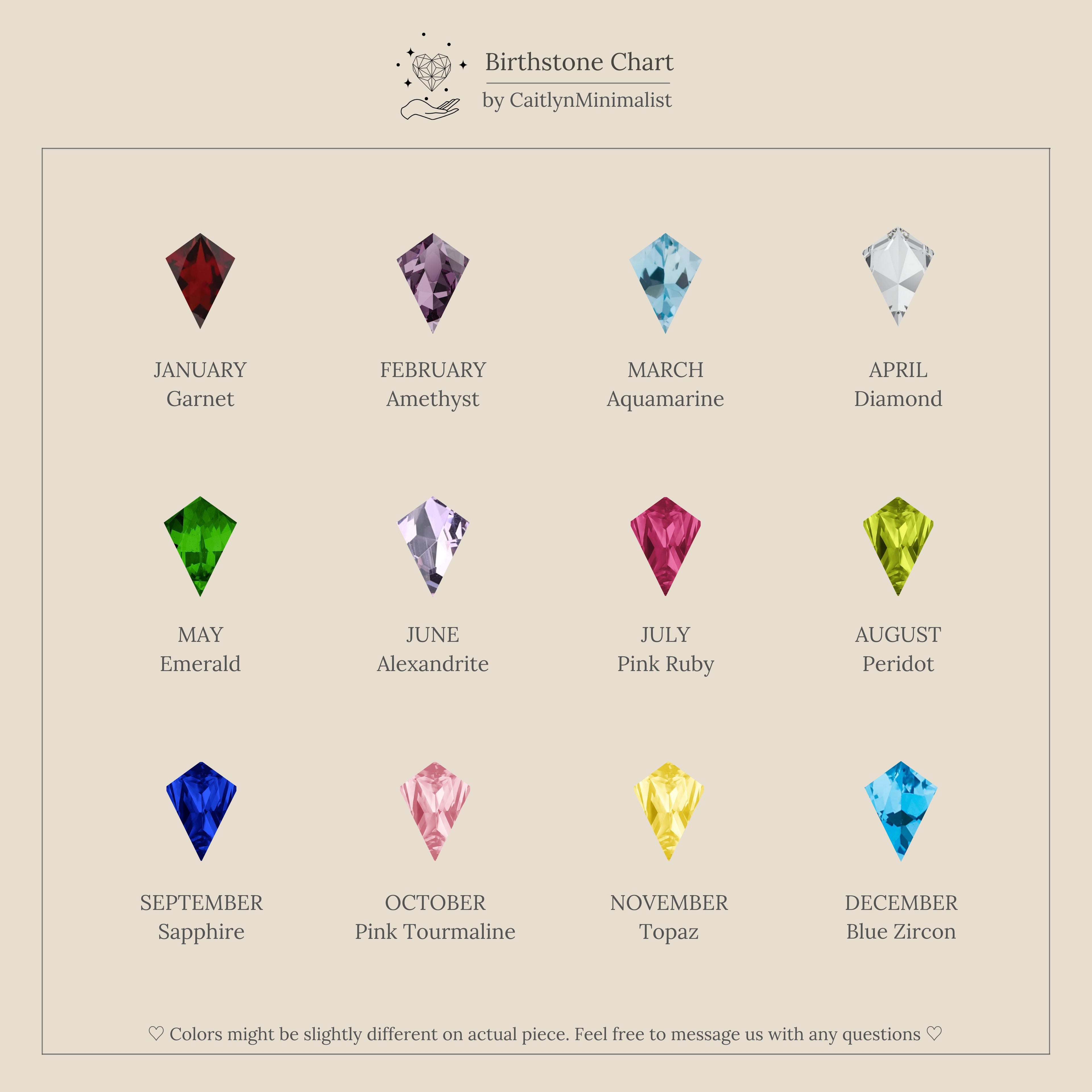 Birthstone Drop Huggies chart with 12 colorful gemstone icons labeled by month and stone, on a beige background—ideal for selecting personalized jewelry or Birthstone Drop Huggies.