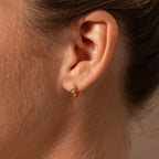 Close-up of a person’s ear wearing Ribbed Peridot Huggies, featuring a small gold hoop earring with a peridot gemstone.