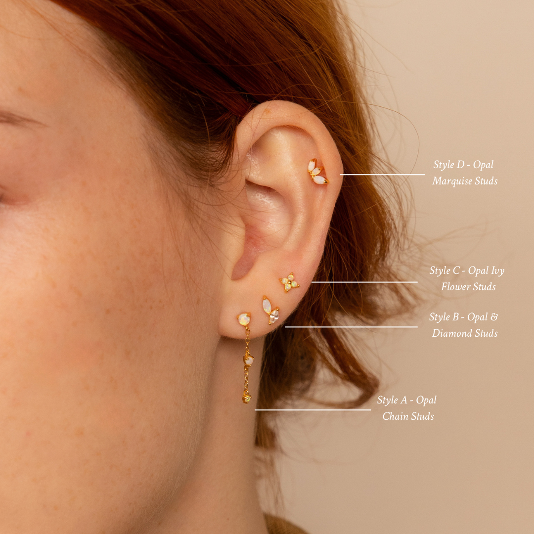 Close-up of an ear wearing the Dainty Opal Stud Earrings Set—four different minimalist opal styles, each labeled with its name, perfect for lovers of subtle jewelry.