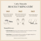 Infographic of the Onyx Tennis Bracelet sizing guide, featuring three illustrated steps and a detailed sizing reference.