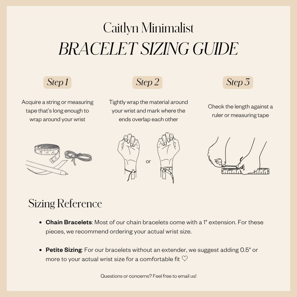 Diamond Chain Tennis Bracelet sizing guide with step-by-step instructions, measuring tape visuals, and size reference text on a beige background.