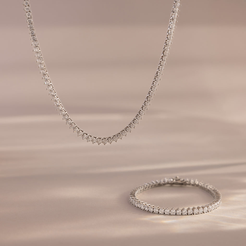 3-Prong Diamond Tennis Necklace & Bracelet Set in Silver