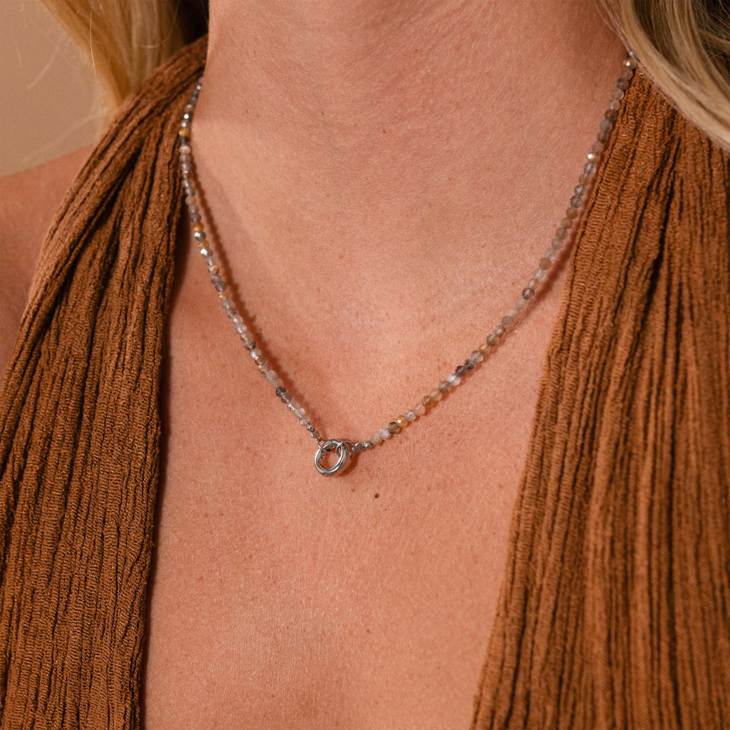 Sunstone Beaded Charm Necklace in Silver