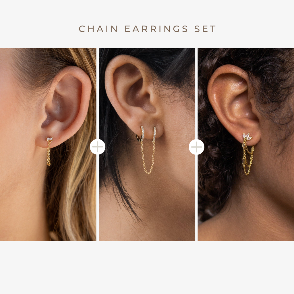 Three women wearing Diamond Chain Earrings Sets, each styled differently on their ears.