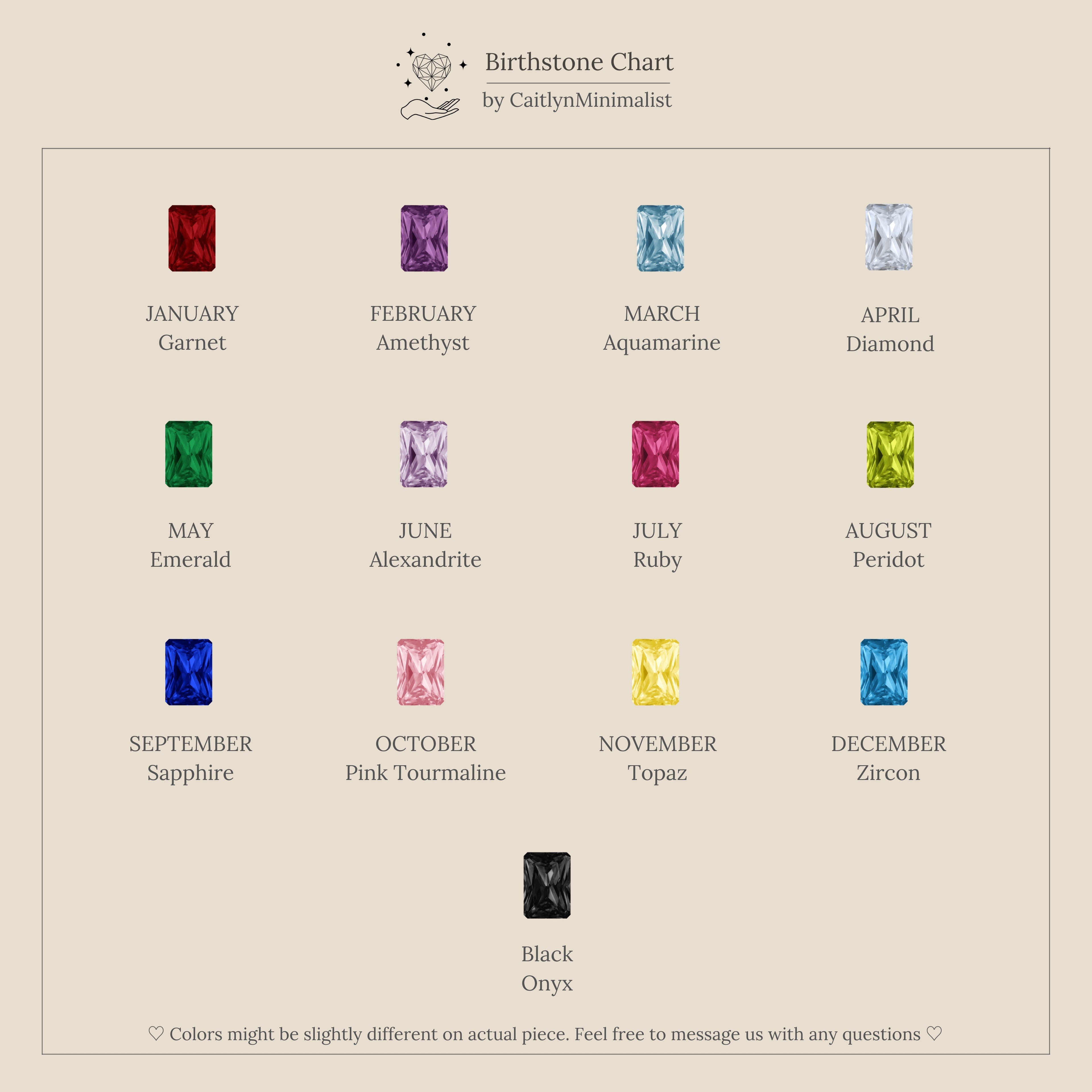 A birthstone chart featuring twelve vibrant monthly gemstones and a black onyx stone at the bottom—perfect inspiration for our Duo Birthstone Drop Studs.
