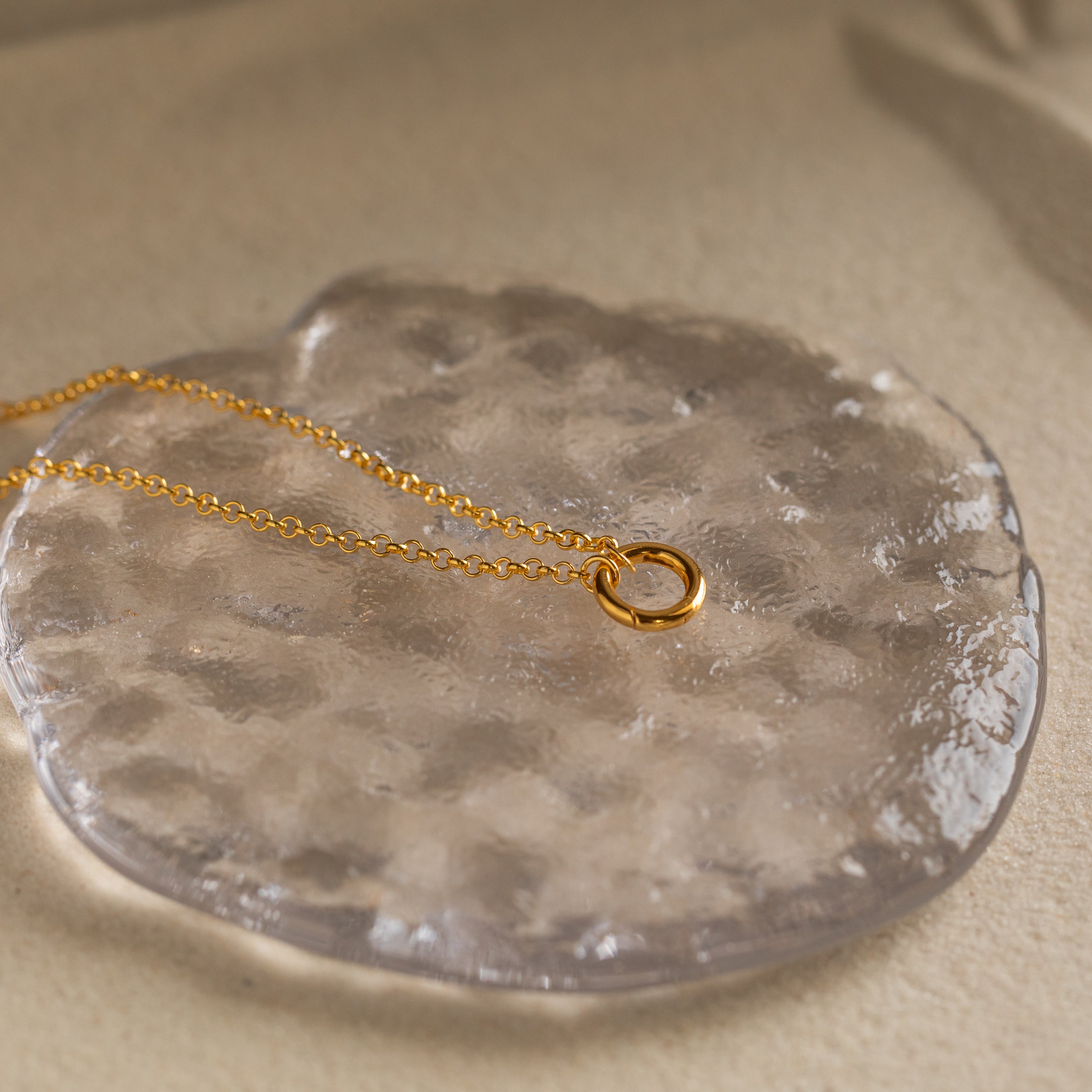Rolo Circle Charm Necklace in 18K Gold, a minimalist piece with a gold rolo link chain and small circular pendant, elegantly presented on a textured clear glass dish.
