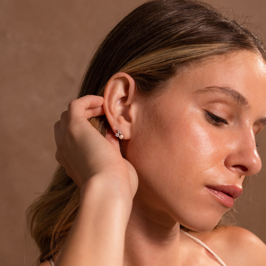 Pearl Diamond Bloom Studs in Silver