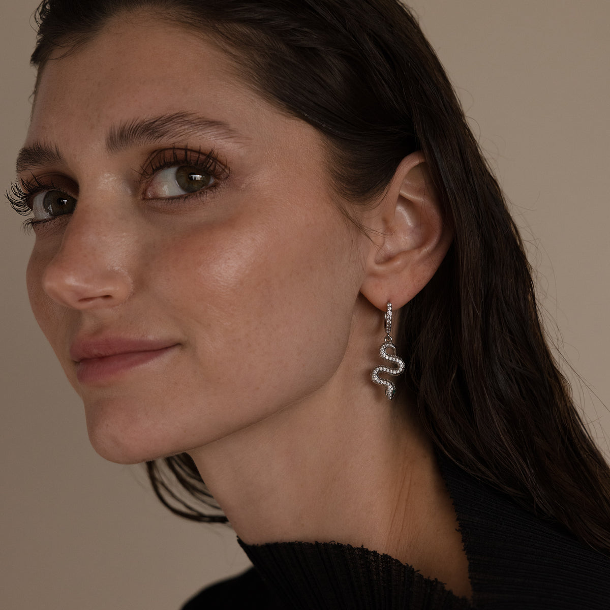 Pave Snake Charm Hoops