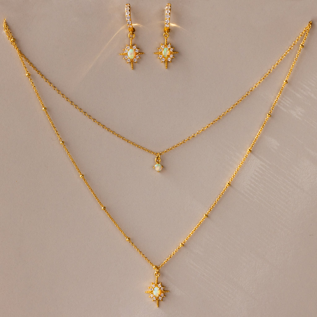 Opal Star Necklace & Earrings Set in 18K Gold, featuring a layered necklace with opal star and matching opal earrings, displayed on a neutral background.