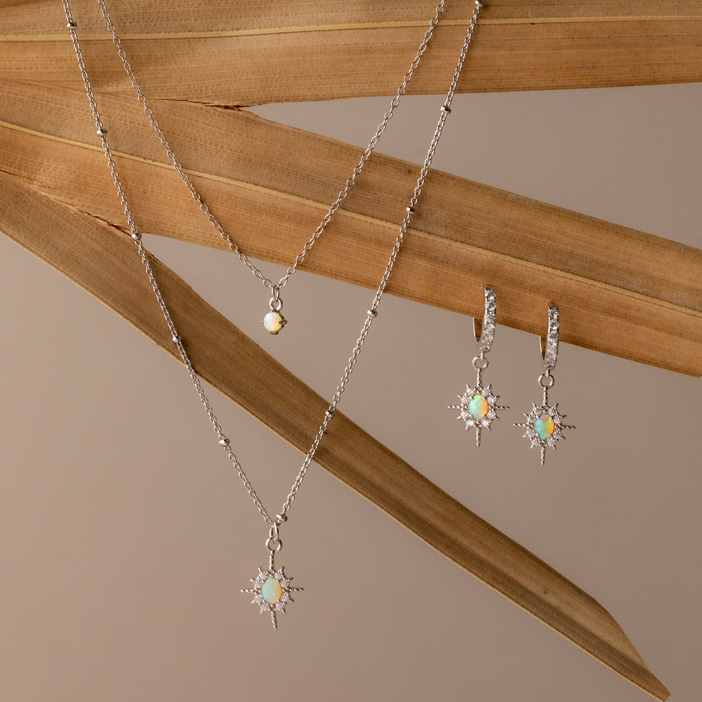 The Opal Star Necklace & Earrings Set in Silver, featuring a necklace and matching earrings, is displayed on dried palm leaves.