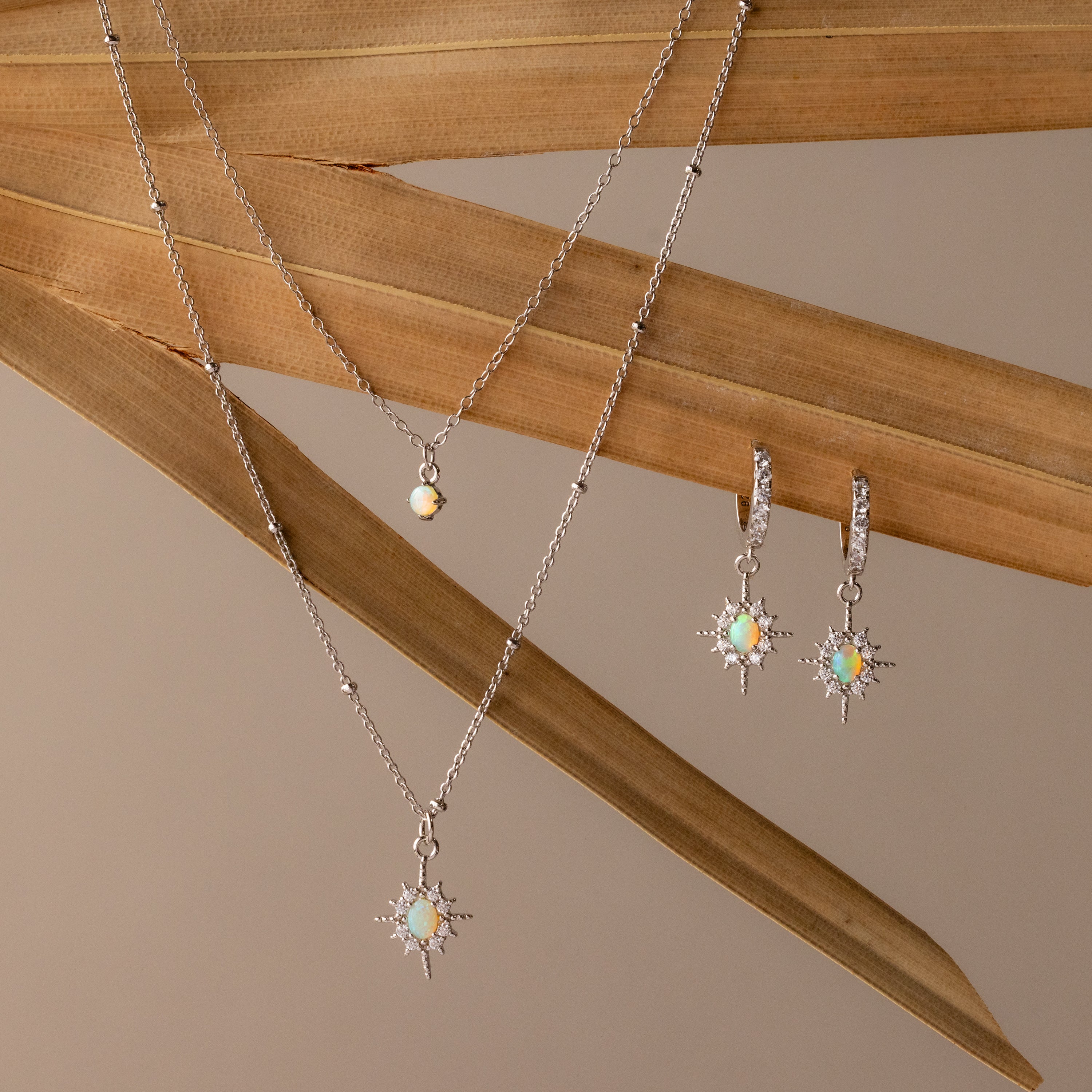 The Opal Star Necklace & Earrings Set in Silver, featuring a necklace and matching earrings, is displayed on dried palm leaves.