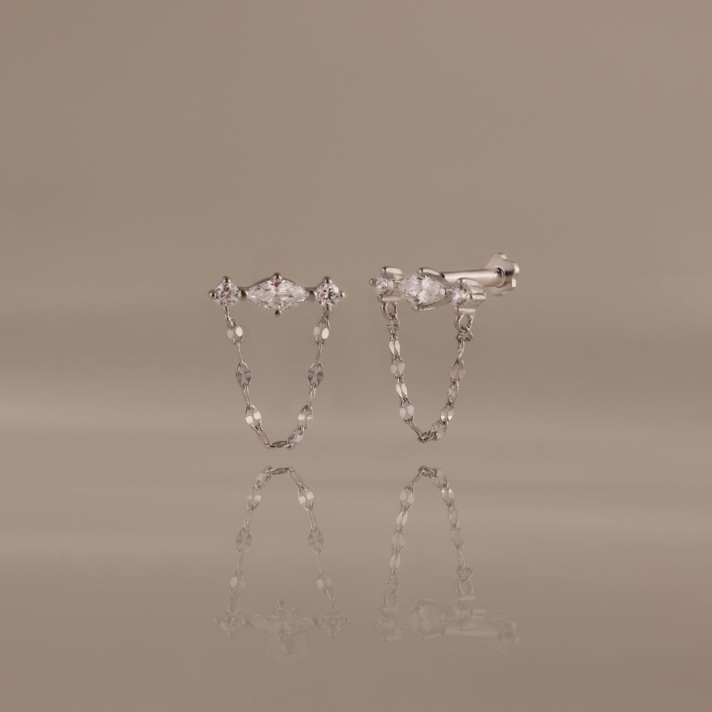 Diamond Marquise Chain Flat Back Studs in Silver