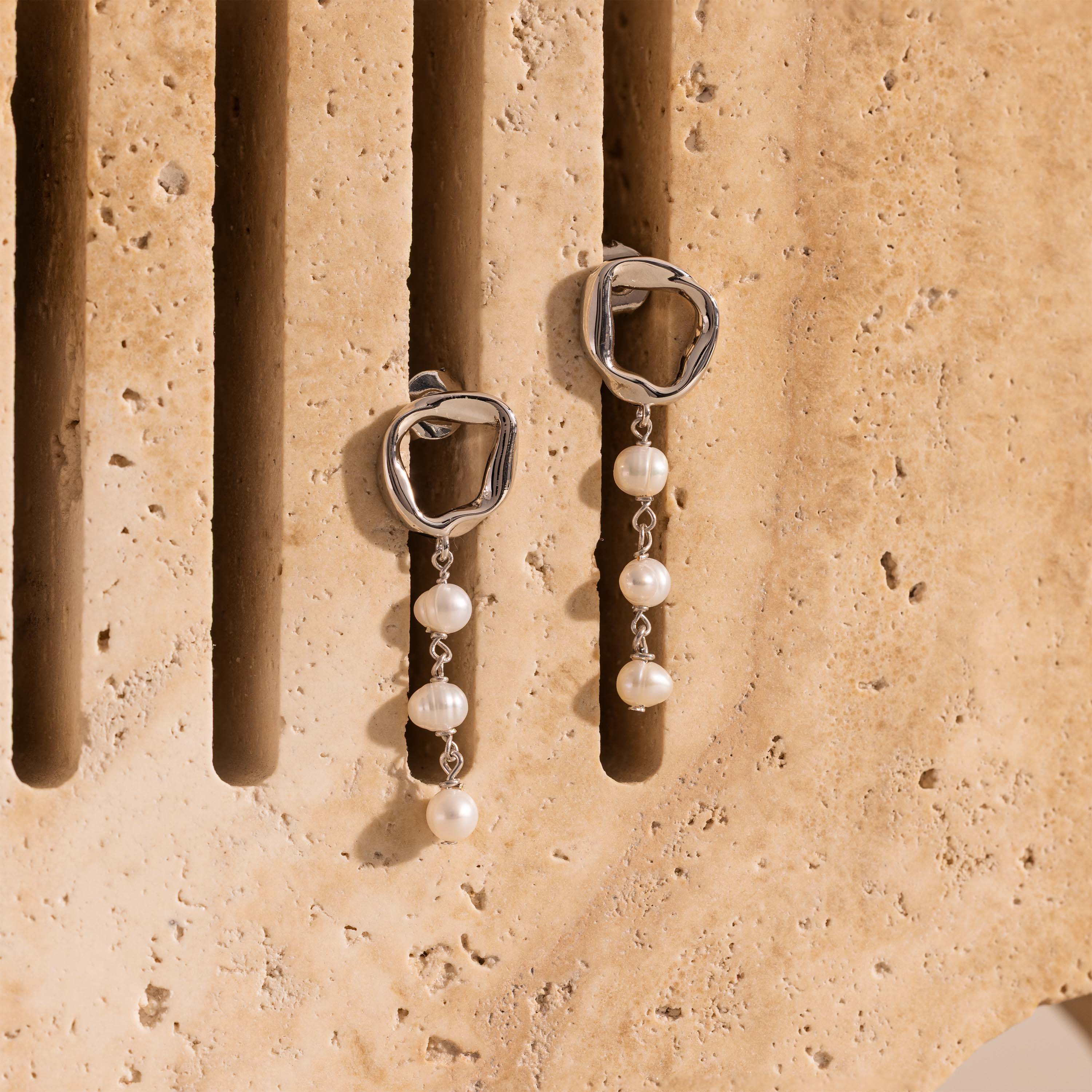Abstract Pearl Trio Drop Earrings in Silver