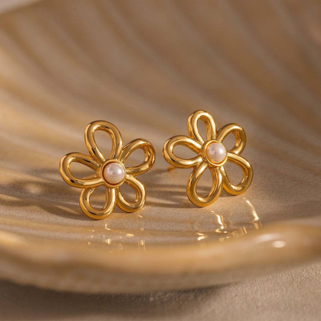 Lila Flower Pearl Studs in 18K Gold