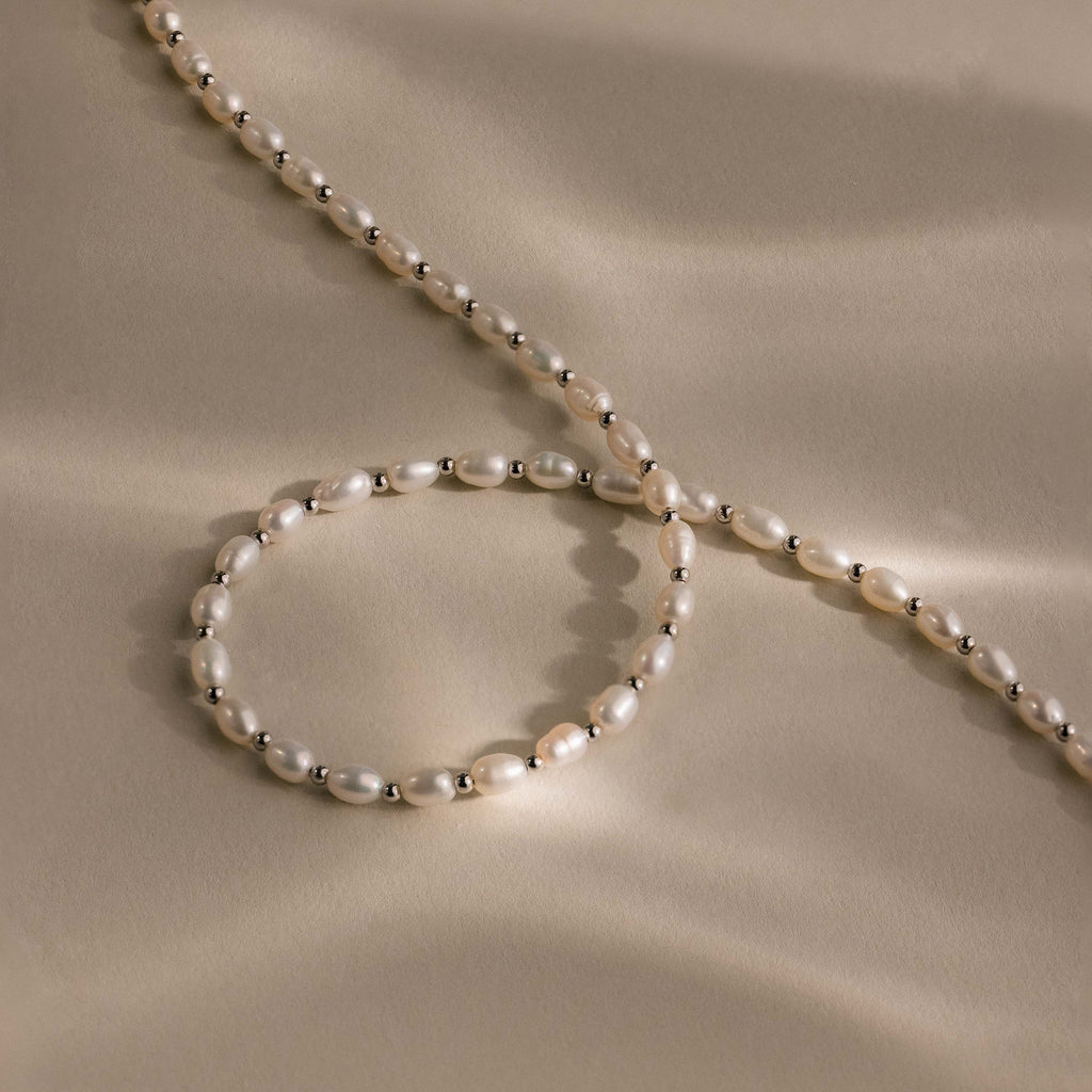 Pearl Station Beaded Charm Necklace in Silver