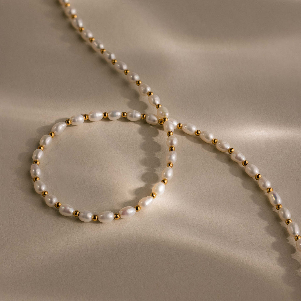 Pearl Station Beaded Charm Necklace in 18K Gold
