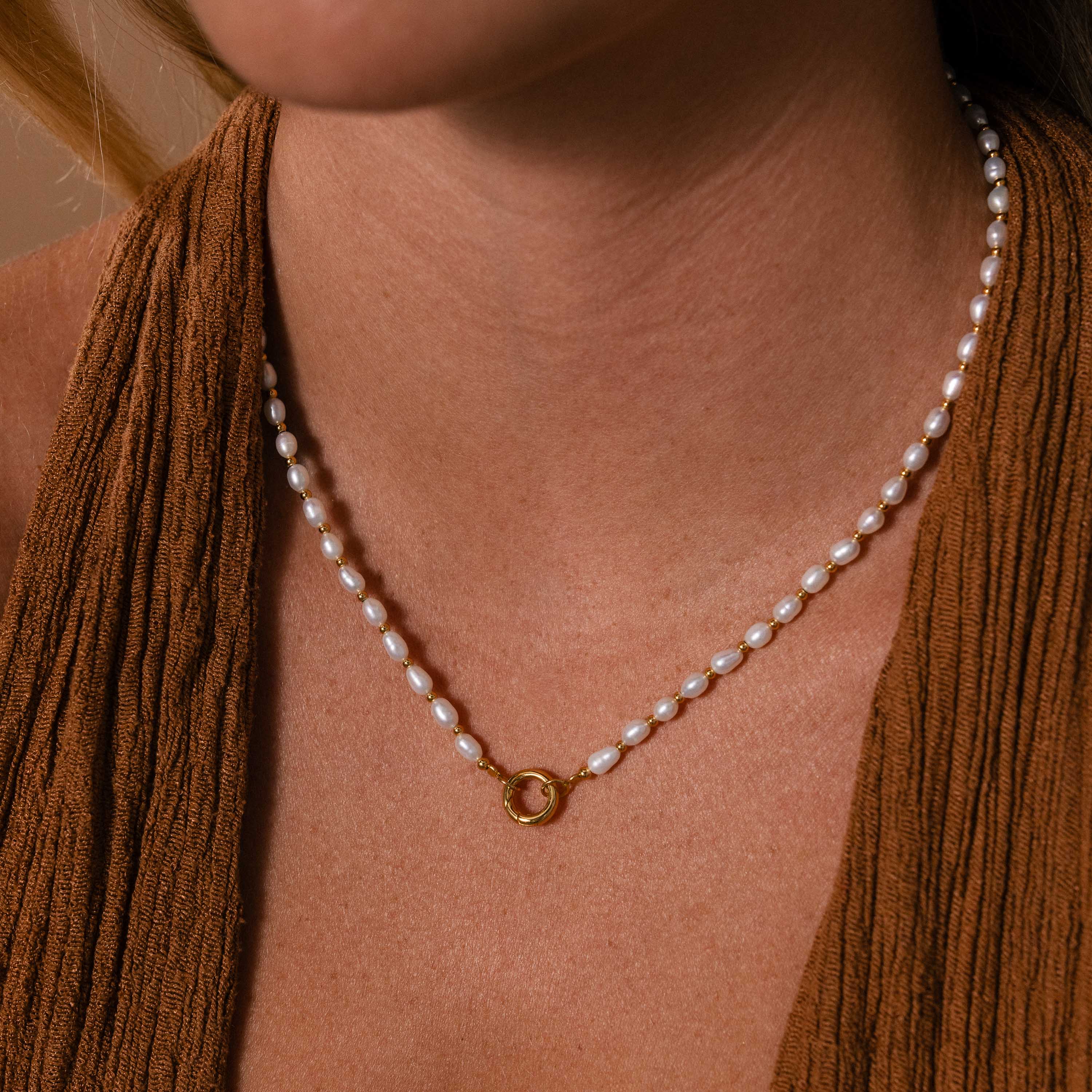 Pearl Station Beaded Charm Necklace in 18K Gold