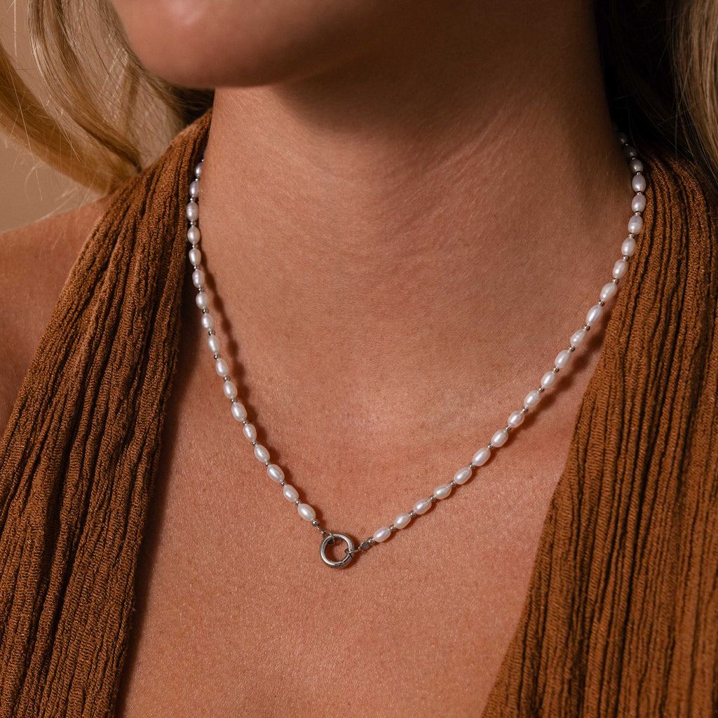 Pearl Station Beaded Charm Necklace in Silver