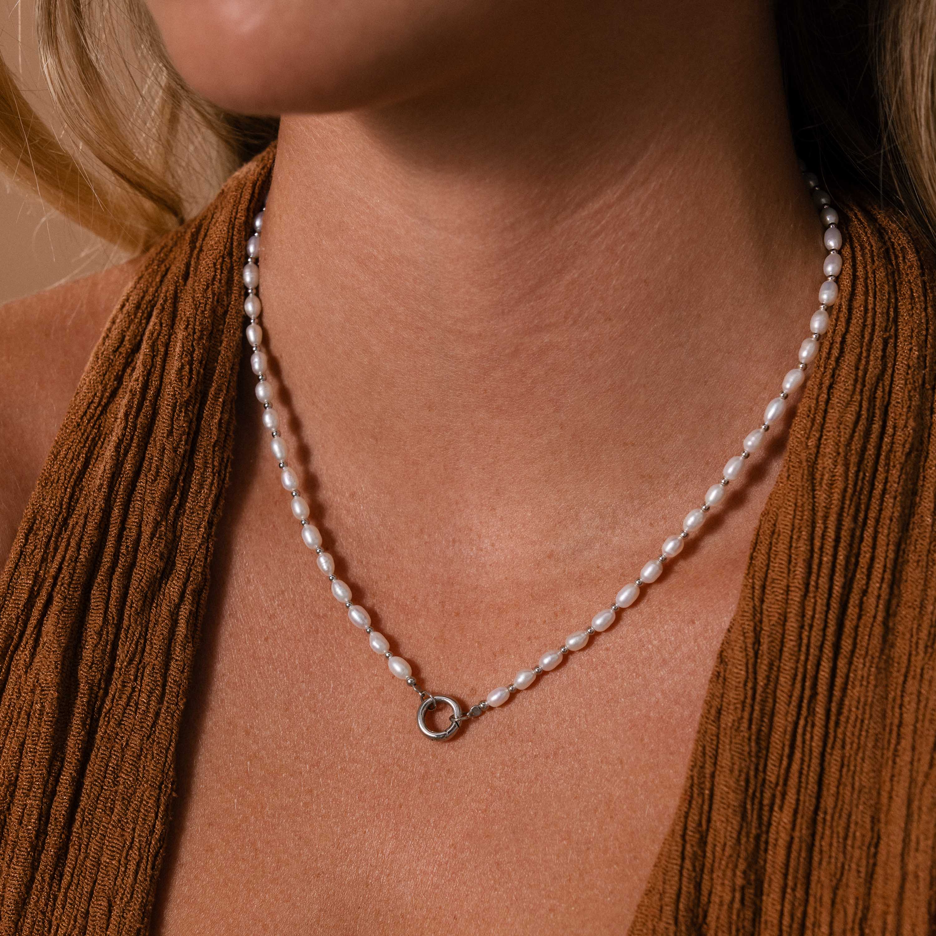 Pearl Station Beaded Charm Necklace in Silver