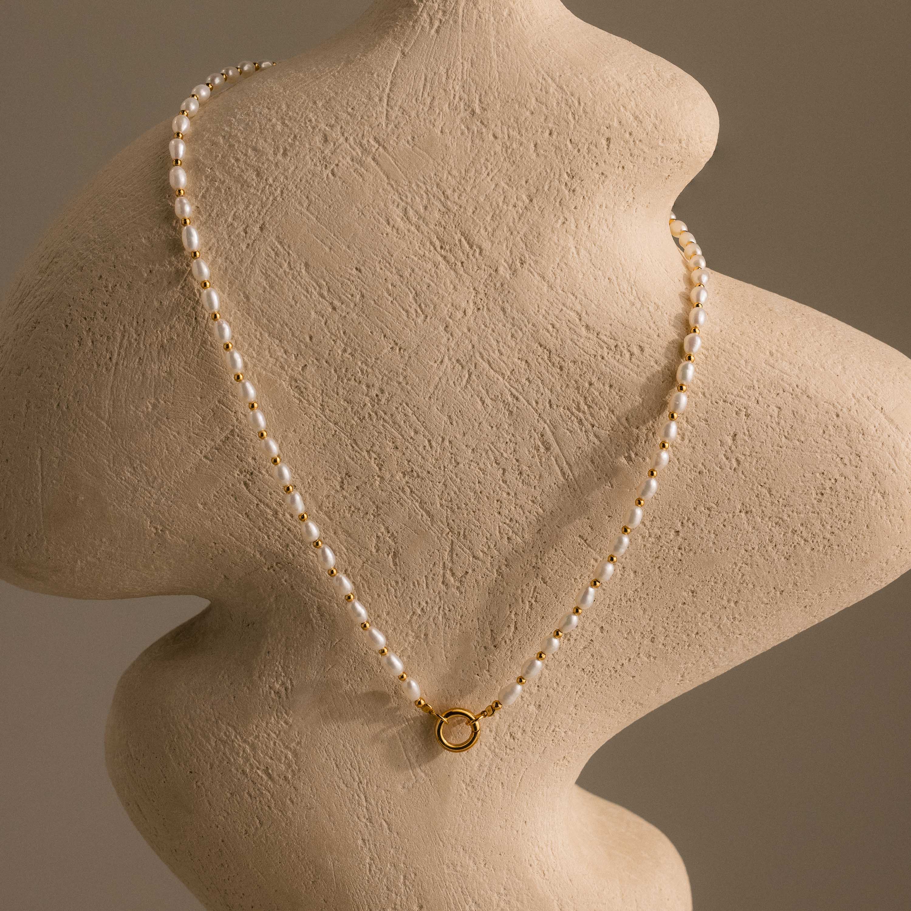 Pearl Station Beaded Charm Necklace in 18K Gold