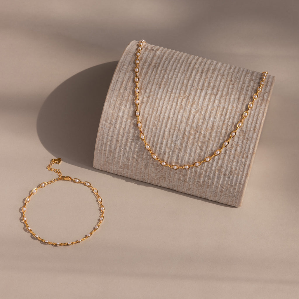 Eternity Pearl Necklace & Bracelet Set in 18K Gold