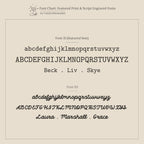 Font chart displaying two elegant serif and script fonts with sample names—ideal for customizing your Beaded Multiple Name Ring in Sterling Silver—shown on a beige background.