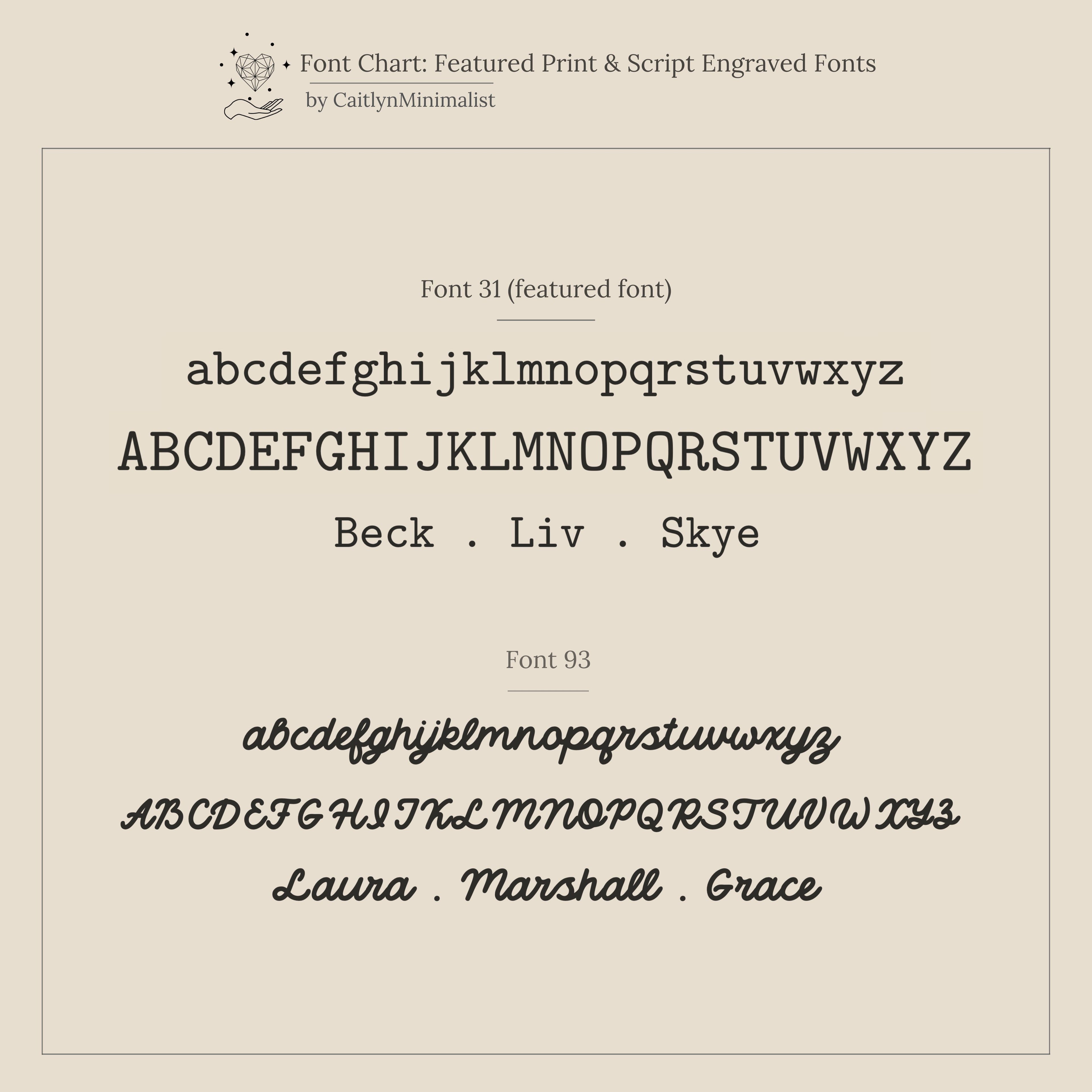 Font chart displaying two elegant serif and script fonts with sample names—ideal for customizing your Beaded Multiple Name Ring in Sterling Silver—shown on a beige background.