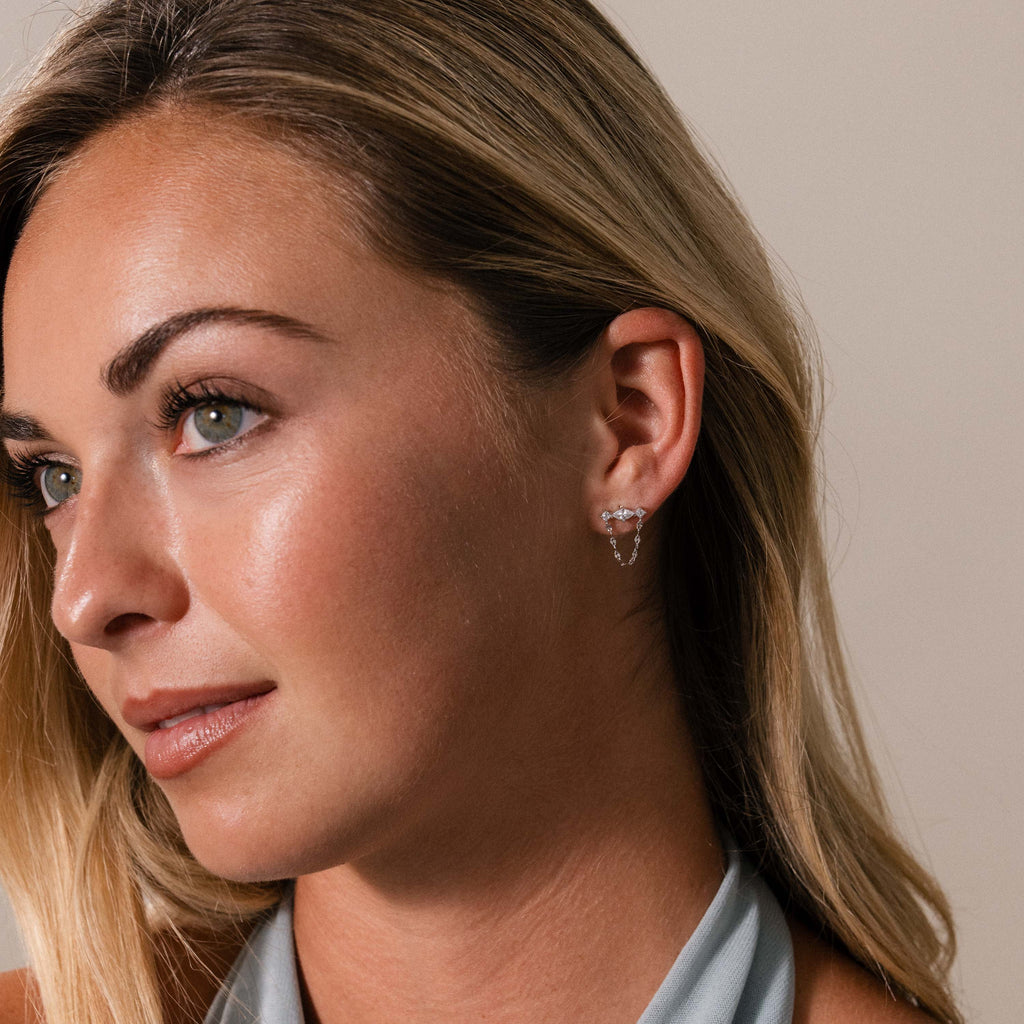 Diamond Marquise Chain Flat Back Studs in Silver