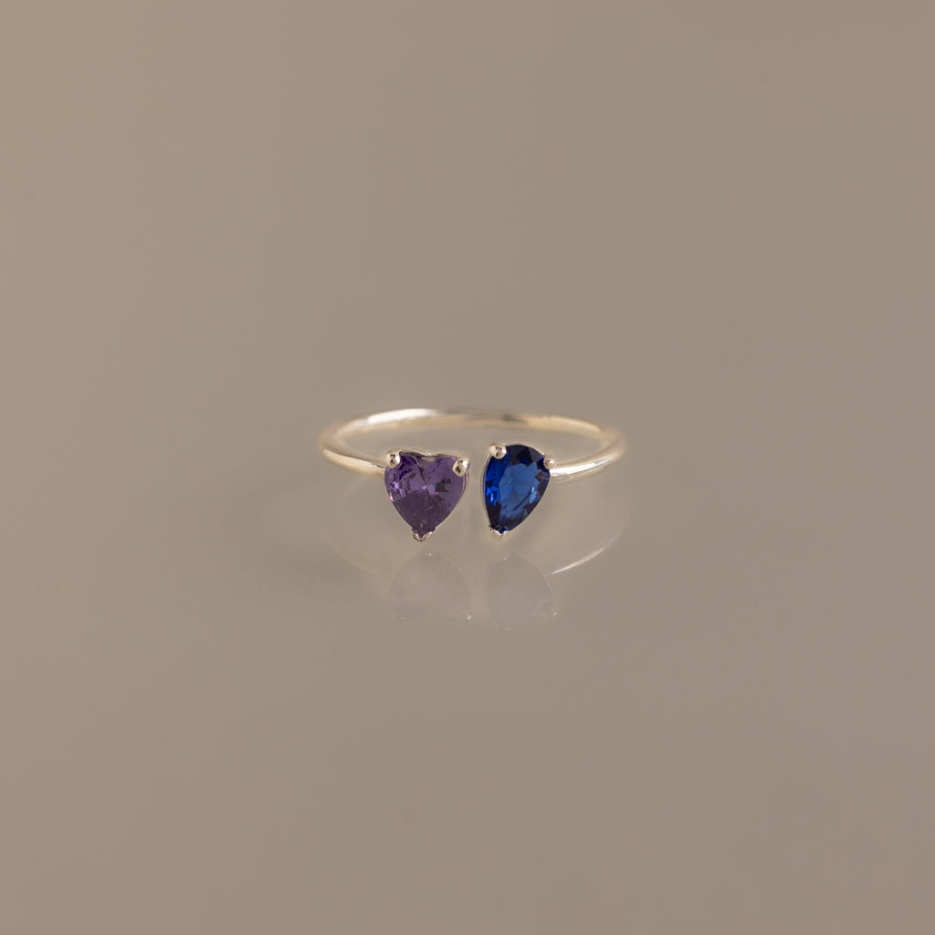 The Love Toi et Moi Ring in Silver features two heart-shaped gemstones—one purple and one blue—set side by side and shown against a plain neutral background.