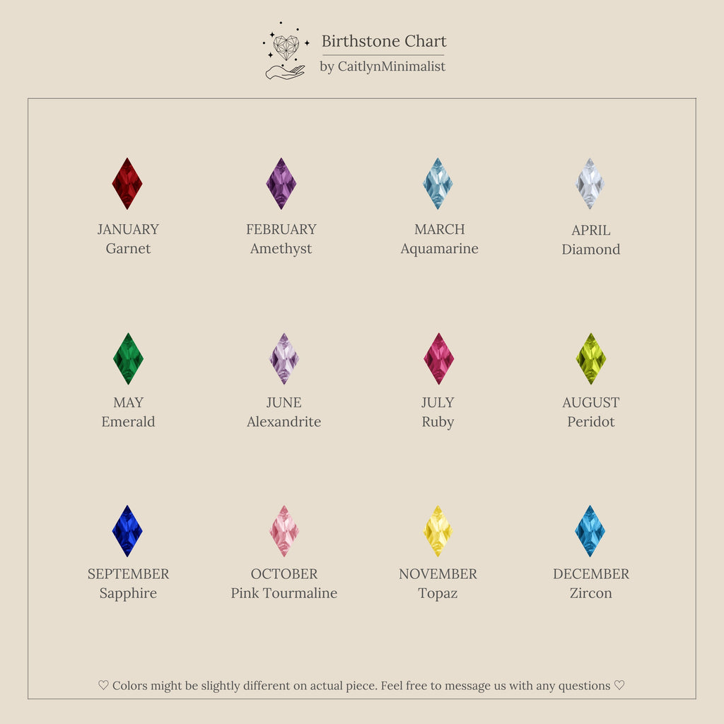 A minimalist birthstone chart displays monthly gems on a cream backdrop, exuding modern chic—perfect for pairing with Rhombus Blue Zircon Flatback Studs.